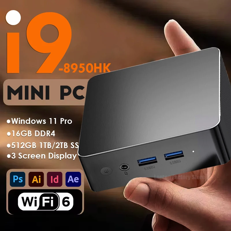 Neuer tragbarer i9 Mini-Computer Windows 11 i9 8950HK 16 GB 1 TB Gaming-Bürocomputer Dualband WiFi 6-Core-Mini-Desktop-Computer