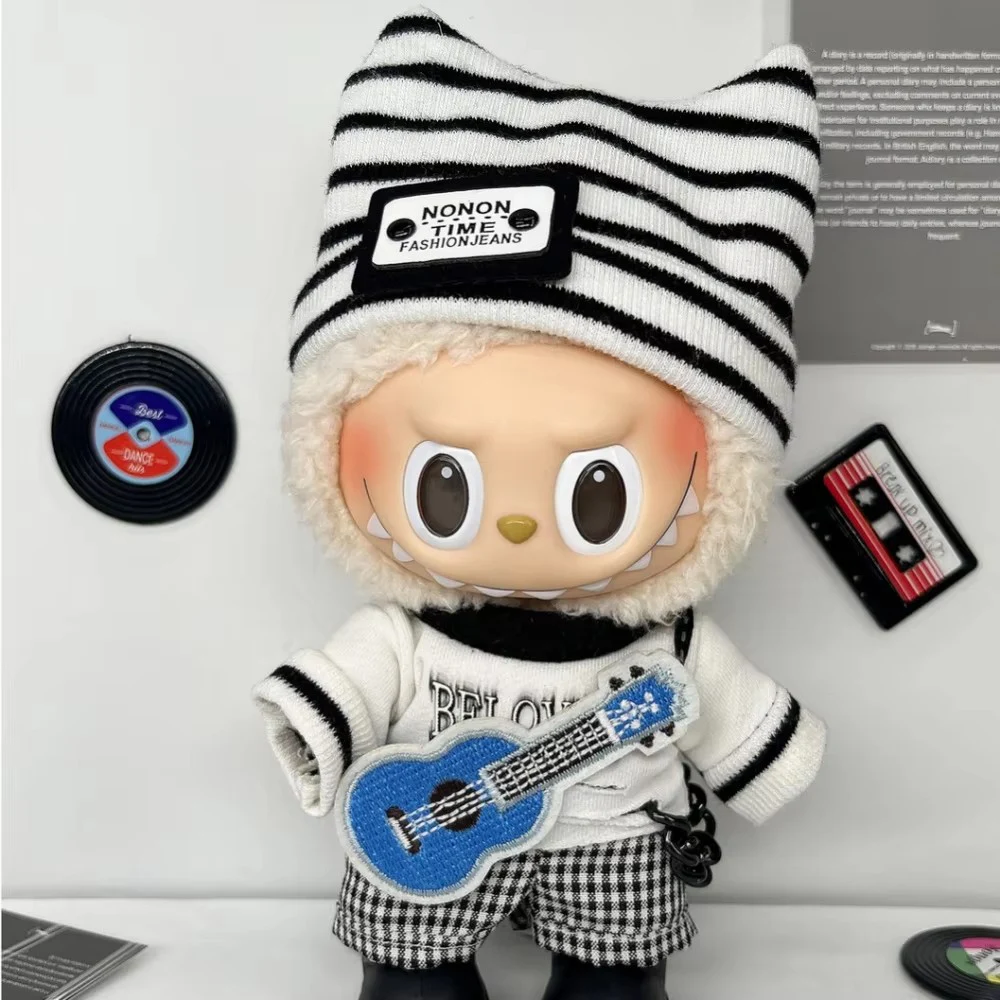 Für 15/17CM Labubu Plüsch Idol Puppe Hip Hop Stil T-Shirt Hosen Hut Gitarre 4 Teile/paket Mode musik Star Fans Geschenke