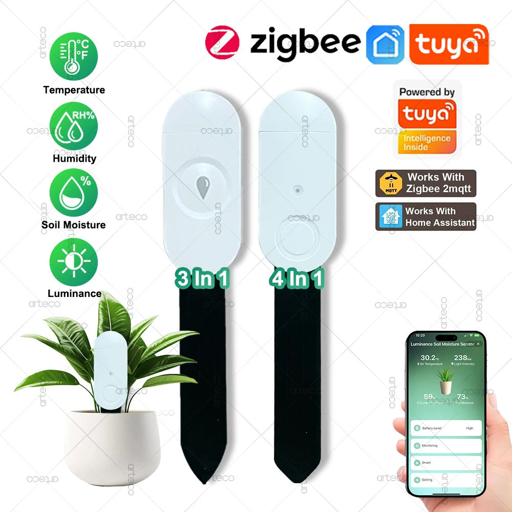 Zigbee Smart Bodentester Luftfeuchtigkeit Temperatur Helligkeit Feuchtigkeitssensor Funktioniert mit Tuya Smart Life Home Assistant Zigbee2MQTT Image