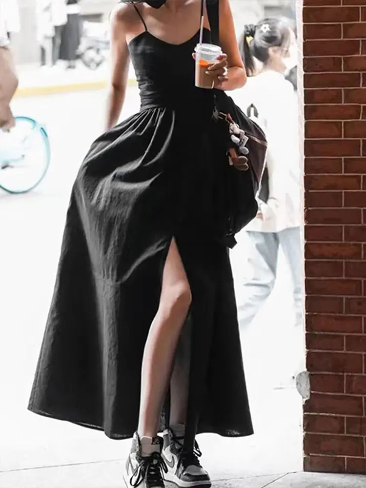 Schwarz Sexy Frauen Sling A-Line Kleider Sommer Streetwear Fashion Split V-ausschnitt Beiläufige Dünnes Kleid Sexy Dame Backless Kleid Kleidung