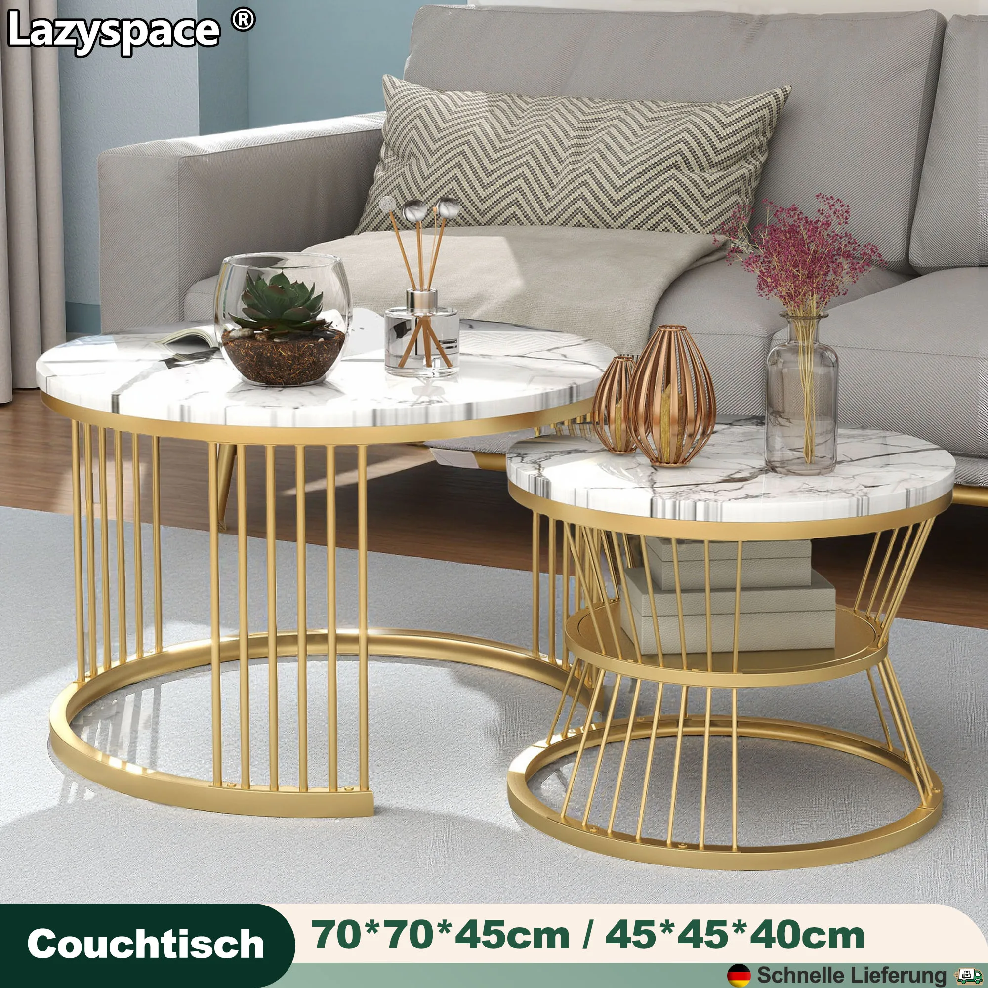Comanlai Moderner verschachtelter Couchtisch, Couchtisch-Set, Marmorfurnier, Sofa, Seitennest der Tische, runde Beistelltische, goldener Rahmen