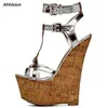 Ahhlsion Handarbeit Damen Sommer T-Riemen Sandalen Keile High Heels Sexy Runde Zehen Wunderschöne Silber Club Schuhe Damen US Größe 5-15