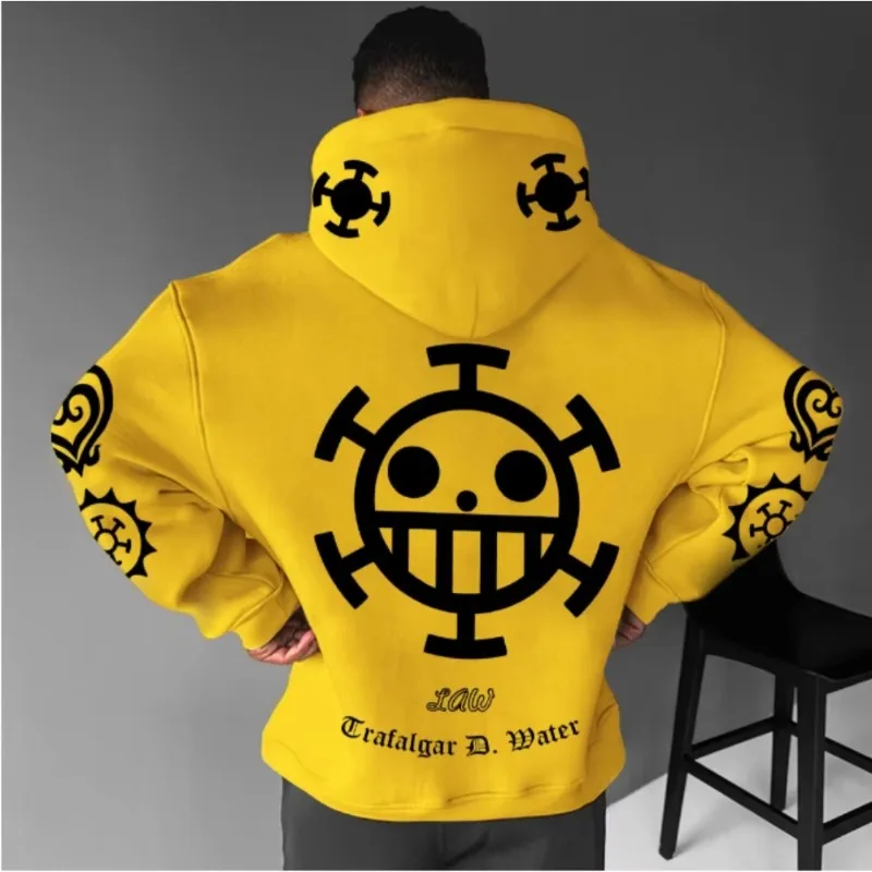 ONE PIECE Anime bedruckter lockerer Kapuzenpullover für Herren und Damen, 2025, Herbst/Winter, Übergröße, lässige Streetwear, gelber Unisex-Pullover