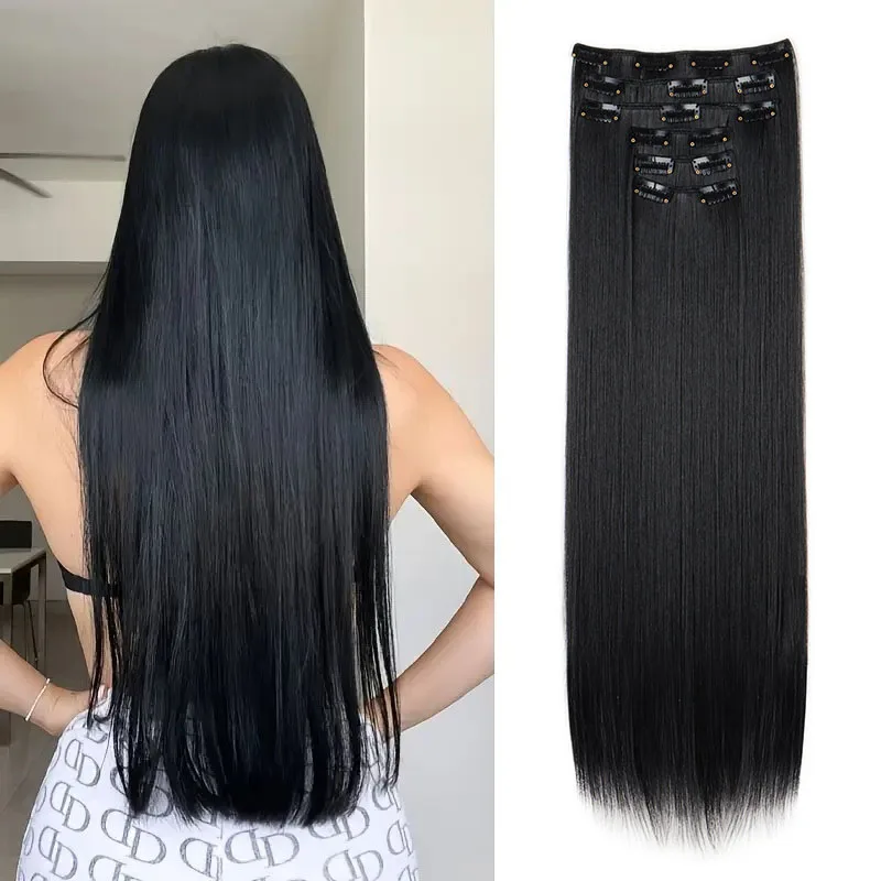 Synthetische 24 Zoll lange gerade 16 Clips unsichtbare Haarverlängerung hitzebeständige Faser-Haarteile für Frauen Image