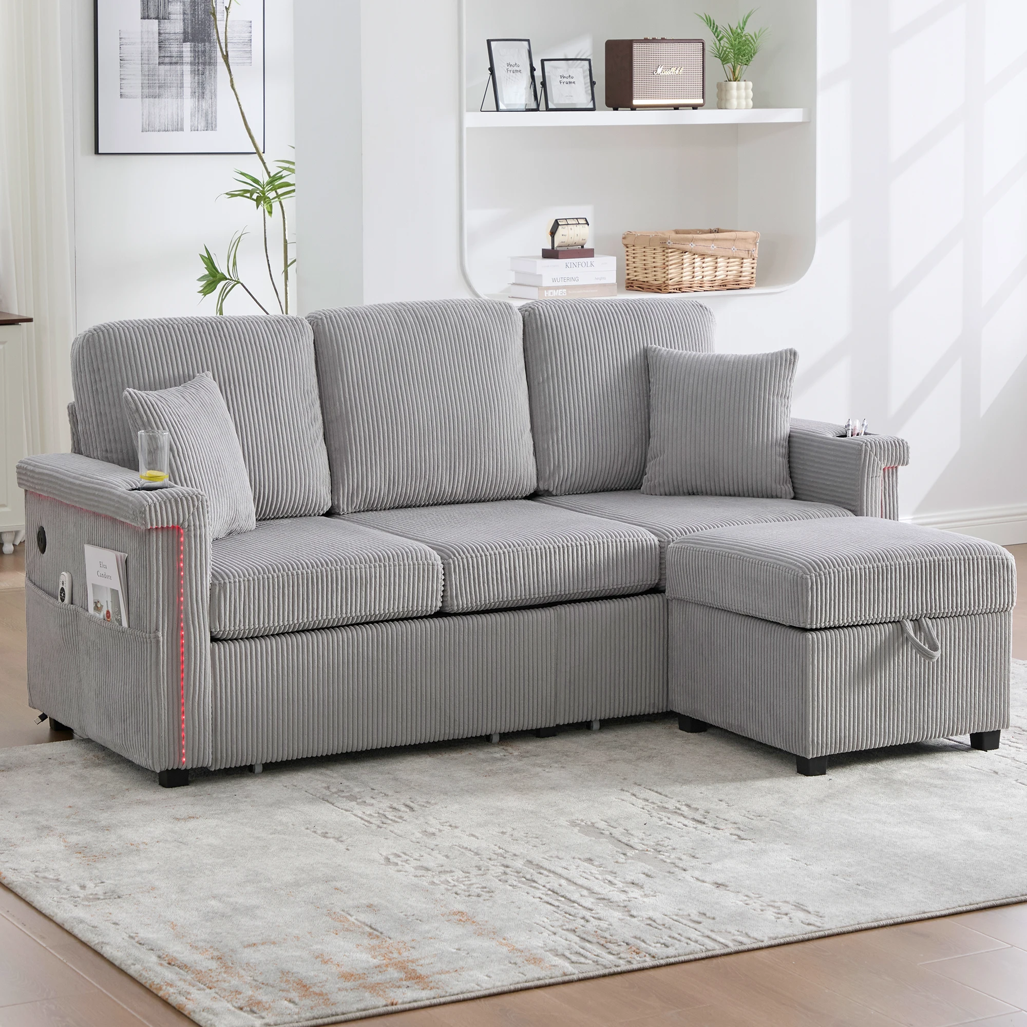 Sofa Hochwertiges Samtsofa mit LED-Beleuchtung & USB-C-Port, inklusive Stauraum-Fußteil, praktischen Getränkehaltern und Seitentaschen Image