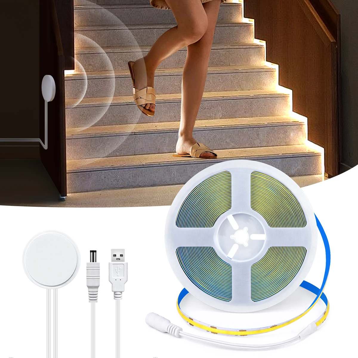 Durchdringbarer Holz-Touch-Sensor, dimmbar, intelligenter PIR-Bewegungsmelder, LED-Nachtlicht, COB-Streifen, Treppe, Nachttisch, Flurbeleuchtung