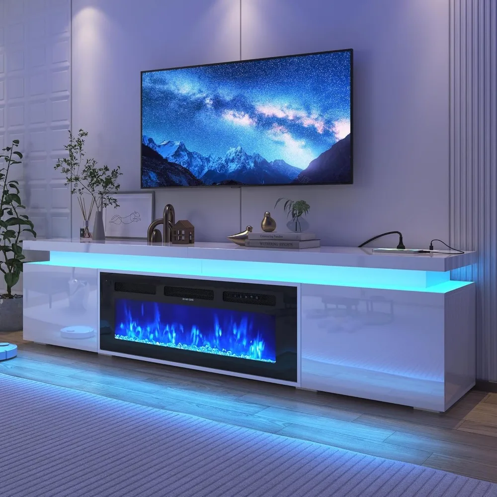 71Inch LED TV Stand with 40In Fireplace for 80Inch TV, Modern Fireplace TV Stand with Power Outlet, High Gloss TV Console