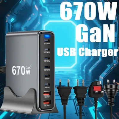 670W GaN Charger 6 Ports Desktop Charging Station 140W PD3.1 USB Charger For MacBook iPhone Samsung Huawei Xiaomi Fast Charger