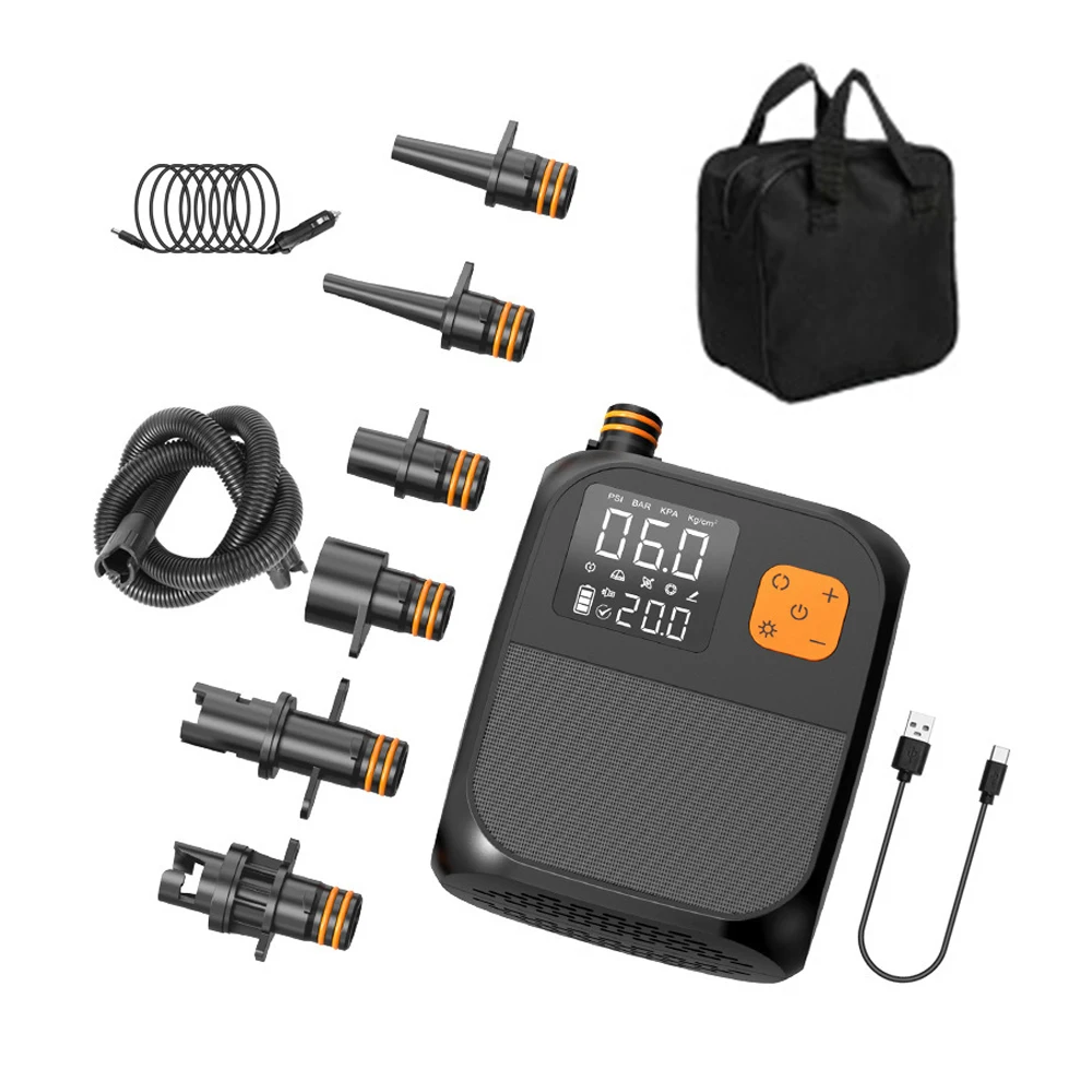 Portable Paddle Board Pump 25PSI High Pressure Electric Pump Power Bank with 6 Nozzles and LED Light