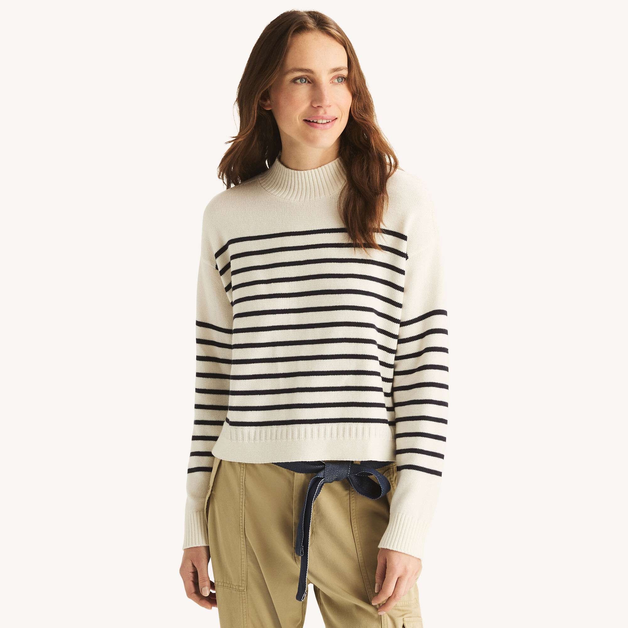 Nautica Women's Striped Mock-Neck Sweater 103 (Sail White), L