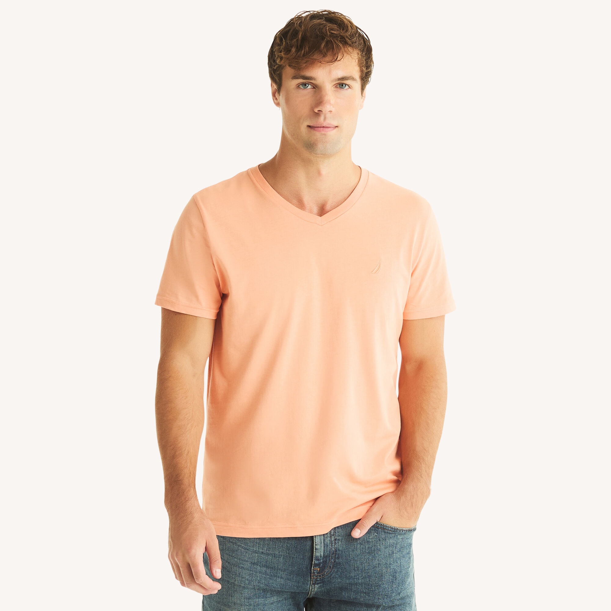 Nautica Men's V-Neck Deck T-Shirt 825 (Orange Poppy), L