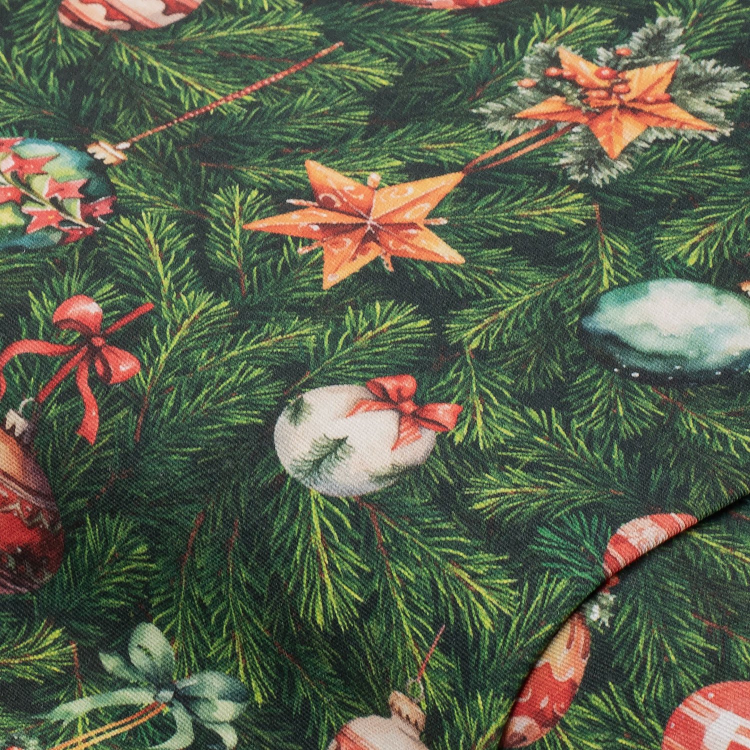 Tissu de décoration "boules de Noël", vert/coloré, série "Lorena