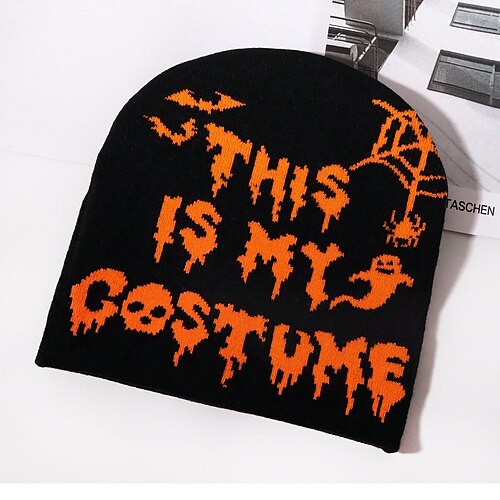 Herren Unisex Beanie Mütze Wintermützen Beanies Schädelkappe Strickmütze Schwarz / Orange Weiß Acrylfasern Jacquard Gestrickt Gemütlich Halloween Alltagskleidung Festival Buchstabe Spinnennetz Image