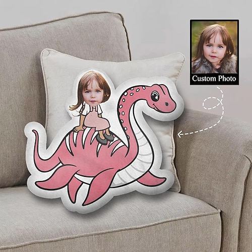 Personalisiertes Foto-Gesichtskissen, personalisierte Kinderkissen mit Dinosauriern, Geburtstagsgeschenke für Jungen, lustiges hässliches Kissen, Kissen in individueller Form, ausgestopfter Dinosaurier Image