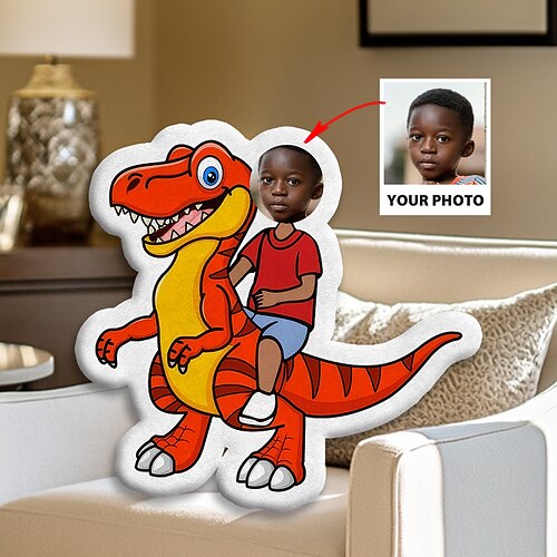 Personalisiertes Foto-Gesichtskissen, personalisierte Kinderkissen mit Dinosauriern, Geburtstagsgeschenke für Jungen, lustiges hässliches Kissen, Kissen in individueller Form, ausgestopfter Dinosaurier Image