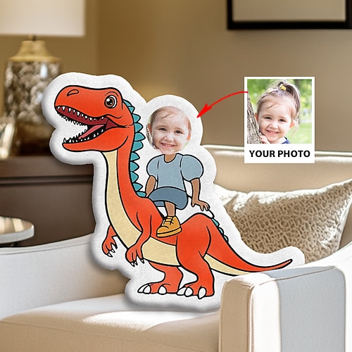 Personalisiertes Foto-Gesichtskissen, personalisierte Kinderkissen mit Dinosauriern, Geburtstagsgeschenke für Jungen, lustiges hässliches Kissen, Kissen in individueller Form, ausgestopfter Dinosaurier Image
