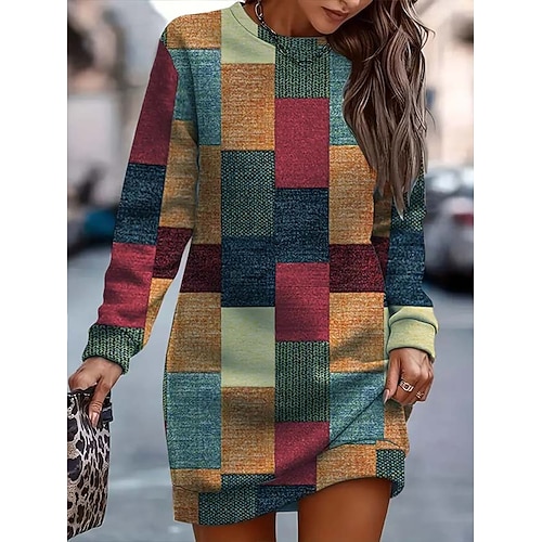 Damen Minikleid Pulloverkleid Shiftkleid Party Lässig Boho Schule Outdoor Heim Normale Passform Blumen Grafik Geometrisch Langarm Rundhalsausschnitt Purpur Orange Grün Frühling Herbst Winter Image
