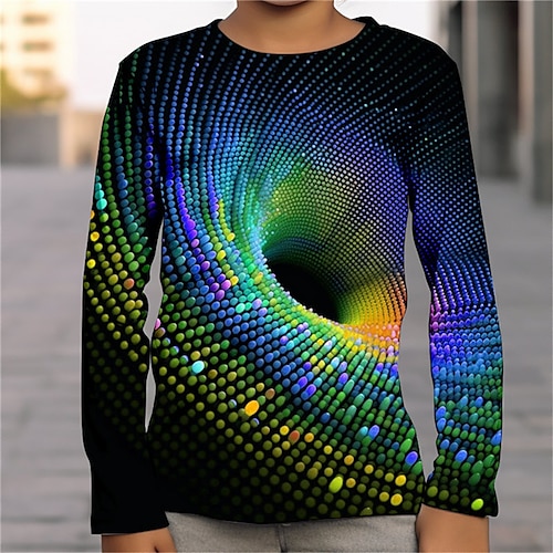 Jungen T-Shirt mit 3D-Grafik und optischer Täuschung, langärmlig, 3D-Druck, Sommer, Frühling, Herbst, Sport, Mode, Streetwear, Polyester, Kinder, 4–12 Jahre, Outdoor, lässig, täglich, normale Passform