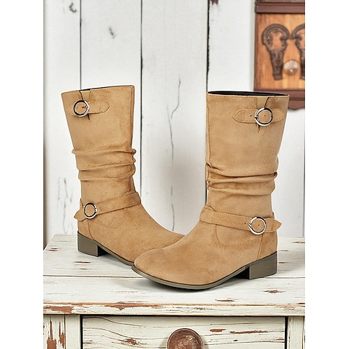 Damen-Slouchy-Stiefel mit Schnallenriemen und halbhoher Wadenhöhe – Winterstiefel im Vintage-Wildleder-Stil für lässige Outfits und Herbstmode Image