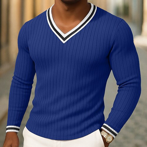 Herren Muskelshirt T-Shirt Langarm V Ausschnitt Henley Sommer Frühling Herbst Einfach Zeitgenössisch Modern Lässig Farbblock Knöpfe Basic Heim Straße Lässig Blau Grün Violett Top T-Shirt für Herren Image