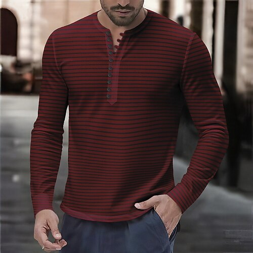 Herren Henley Hemd T-Shirt Henley Oberteil Langarm Horizontale Streifen Mode Designer Lässig Knöpfe Henley Outdoor Lässig Täglich Sommer Frühling Ganzjahres Wein Gelb Marineblau Henley T-Shirt Image