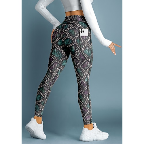 Damen Pilates-Leggings Fitnesshose Trainingsleggings Taschen Stempelsteuer Seitentaschen Pilates Fitnessstudio Fitnesstraining Hosen Strumpfhosen Leggings Mit Tiermuster Schlangenhaut Dunkelgrün Sport Image