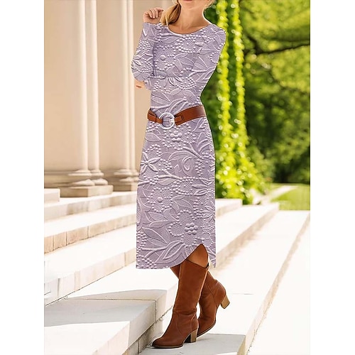 Damen Midikleid Etui-Kleid Shiftkleid Lässig Täglich Normale Passform Blumen Grafik Paisley-Muster Langarm Rundhalsausschnitt Rosa Purpur Aprikose Grau Frühling Herbst Winter Image