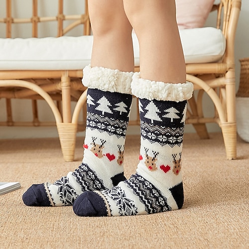 Weihnachts-Hausschuhsocken für Damen, flauschige Plüsch-Bodensocken mit Anti-Rutsch-Griff, dicke, warme Schlafsocken für drinnen, kuschelige Schneestiefelüberzüge, Thermo-Wintersocken für zu Hause Image