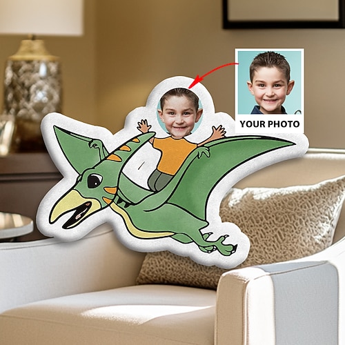 Personalisiertes Foto-Gesichtskissen, personalisierte Kinderkissen mit Dinosauriern, Geburtstagsgeschenke für Jungen, lustiges hässliches Kissen, Kissen in individueller Form, ausgestopfter Dinosaurier Image