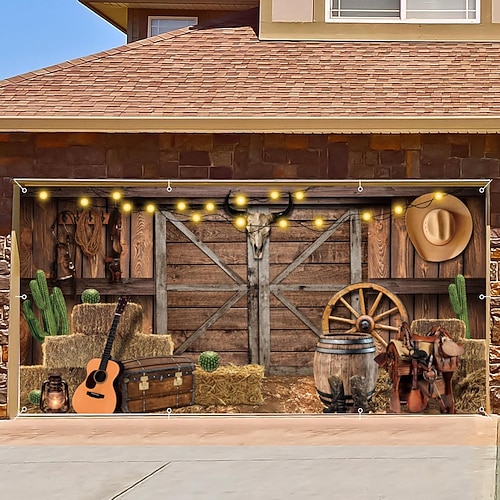 Tapisserie Garagentorabdeckung Großes Hängendes Cowboy Scheune Rustikal 3D Party Outdoor Hintergründe aufnehmen Vordert¨¹r? Dekorationen Wand Tür Hintergrund Image