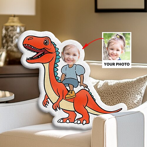 Personalisiertes Foto-Gesichtskissen, personalisierte Kinderkissen mit Dinosauriern, Geburtstagsgeschenke für Jungen, lustiges hässliches Kissen, Kissen in individueller Form, ausgestopfter Dinosaurier Image