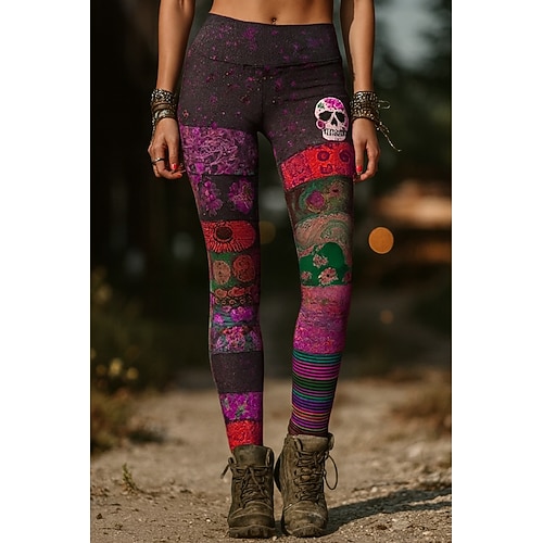 Damen Leggings Urlaub Vintage Ethnischer Stil Volle Länge Hohe Taille Grafik Schädel Monster Kordelzug Patchwork 3D Druck Schnell trocknend Atmungsaktiv Weich Dehnbar Formal Outdoor Urlaub Pink Blau Image