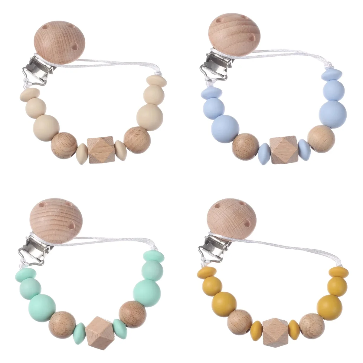 Schnullerclips aus Holz mit Silikonperlen, BPA-frei, DIY-Schnullerhalter, Schnullerkette, Baby-Zahnspielzeug, kaubares Geschenk für Kleinkinder Image