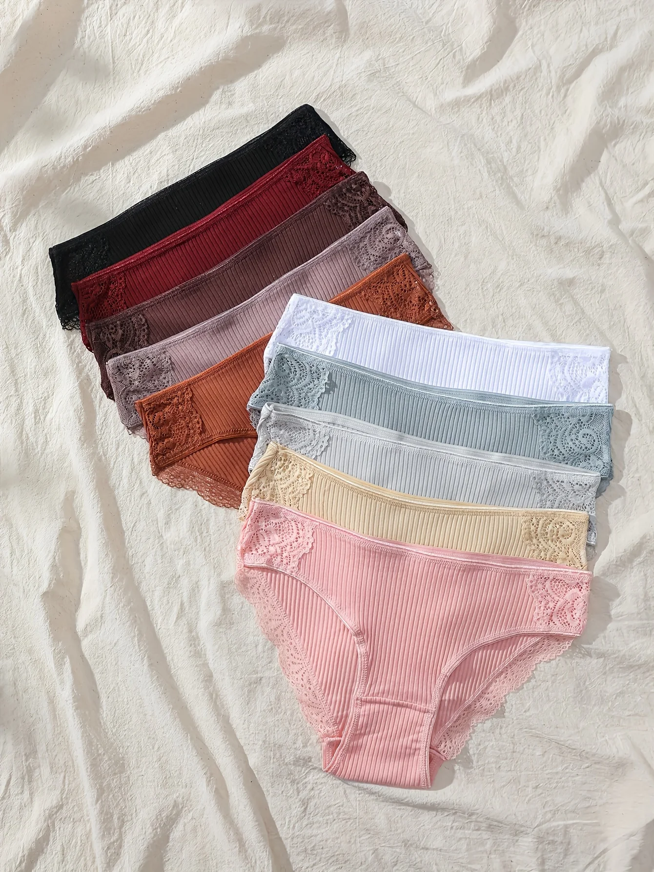 10-teiliger Damen-Slip aus reiner Baumwolle in verschiedenen Farben mit Spitzenspitze und perforierter Unterhose, Innenfutter aus reiner Baumwolle Image