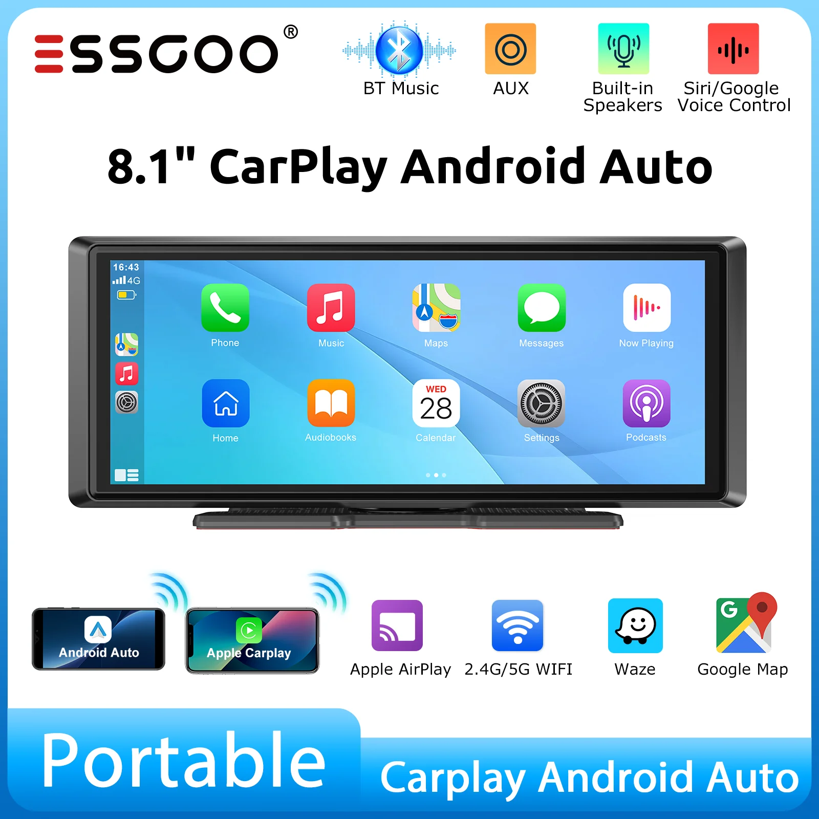 ESSGOO 8.1" IPS Touchscreen Universal Tragbar CarPlay GPS Navigation Wireless Android Auto FM WiFi Bluetooth SD AUX USB AV IN Mirror Link KI-Sprachsteuerung Für LKW Bus Wohnwagen Wohnmobil Transporter Image