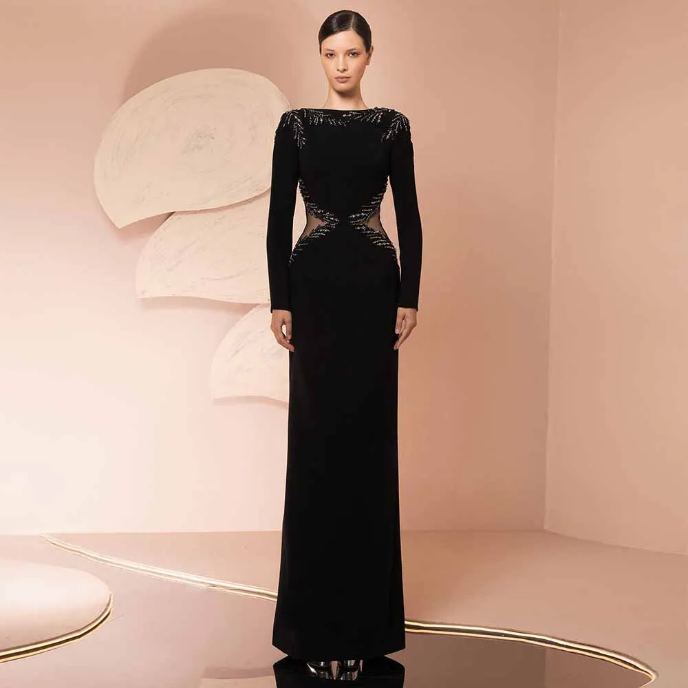 Sexy Evening Dresses Black Long Sleeves Beading Boat Neck Column Evening Gown 2025 Back Split Cut-Out Women's Formal Party Dress