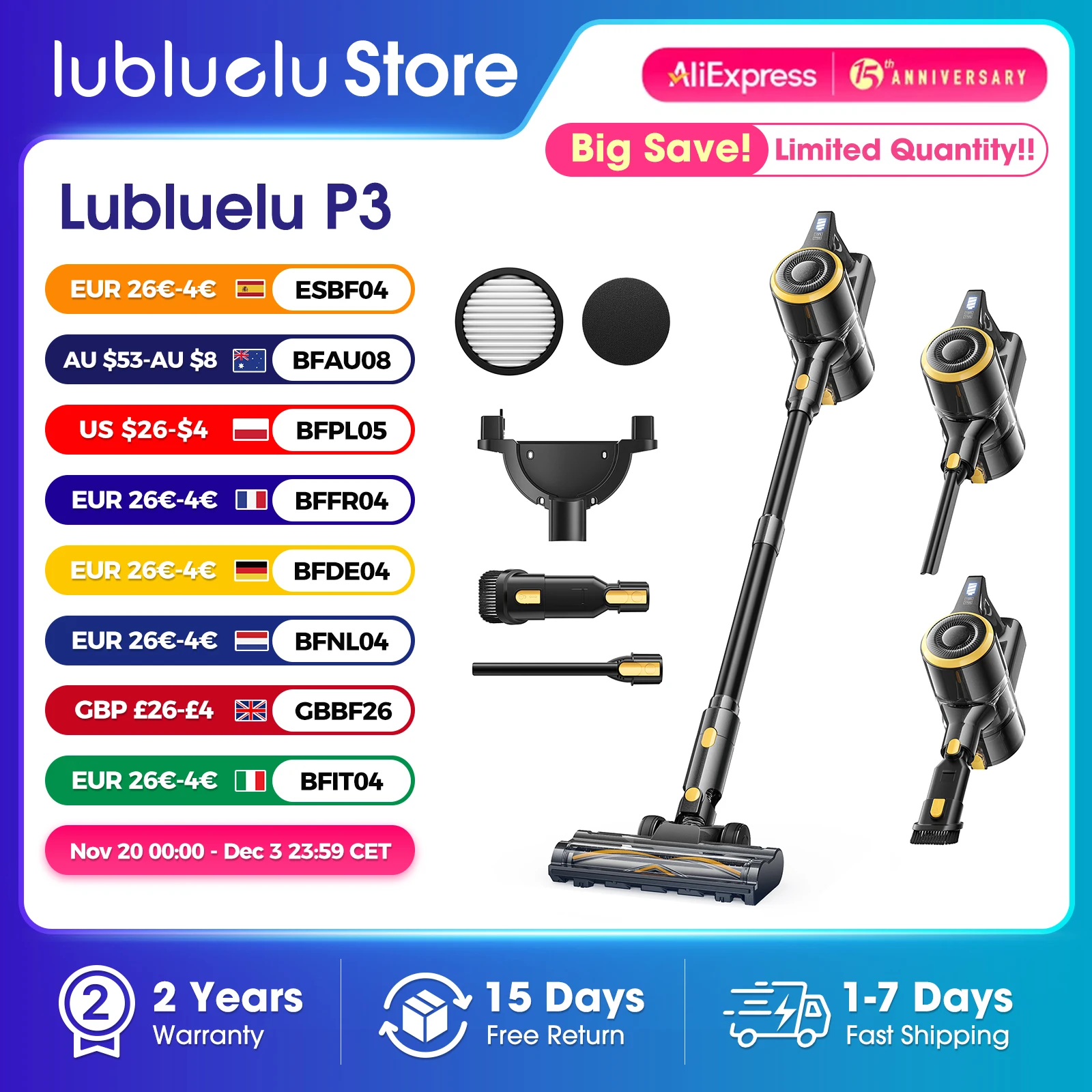 Lubluelu P3 Akku-Staubsauger, 33 kPa, starke Saugkraft, 50 Minuten Laufzeit, selbststehend, für die Haarentfernung von Hartböden, Teppichen und Haustieren Image