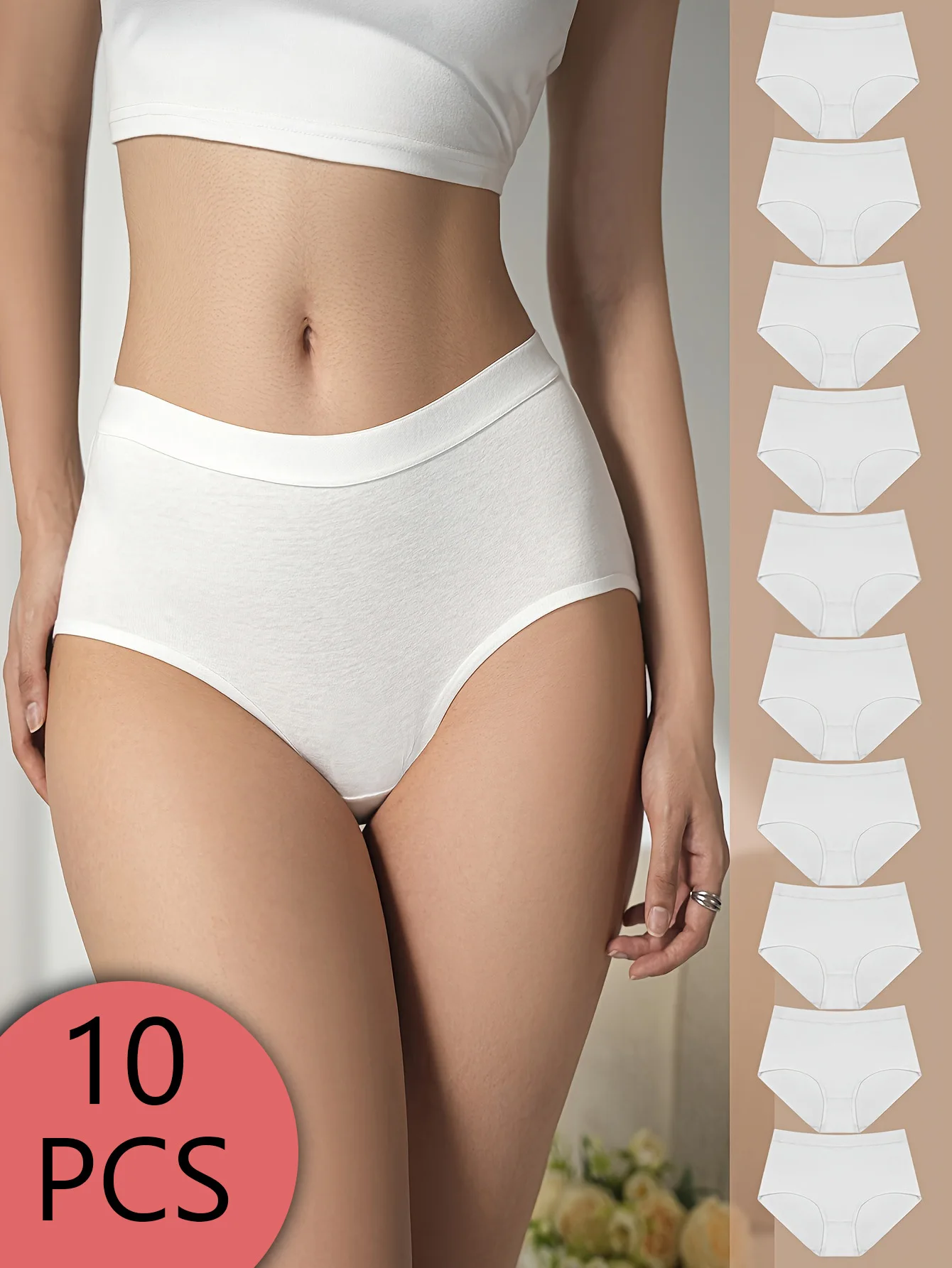 10-teiliges Set aus einfarbigen, weichen und hautfreundlichen Slips mit hoher Taille, nahtloser Baumwolle und modische Damenunterwäsche Image