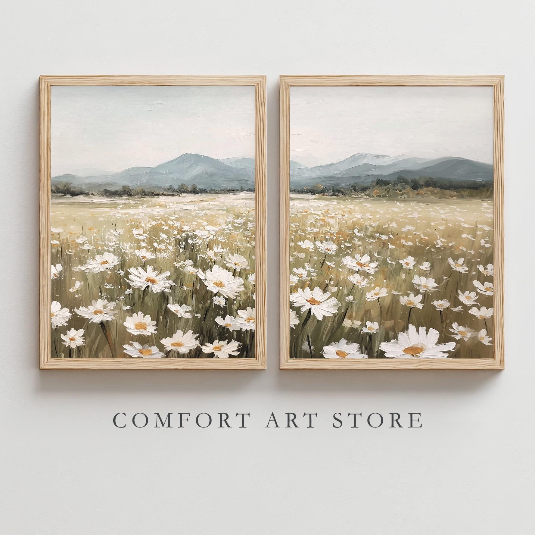 Set di 2 stampe di fiori selvatici, stampa estiva di paesaggi vintage, stampa di fiori, stampa di campi di margherite, arte murale di montagna primave