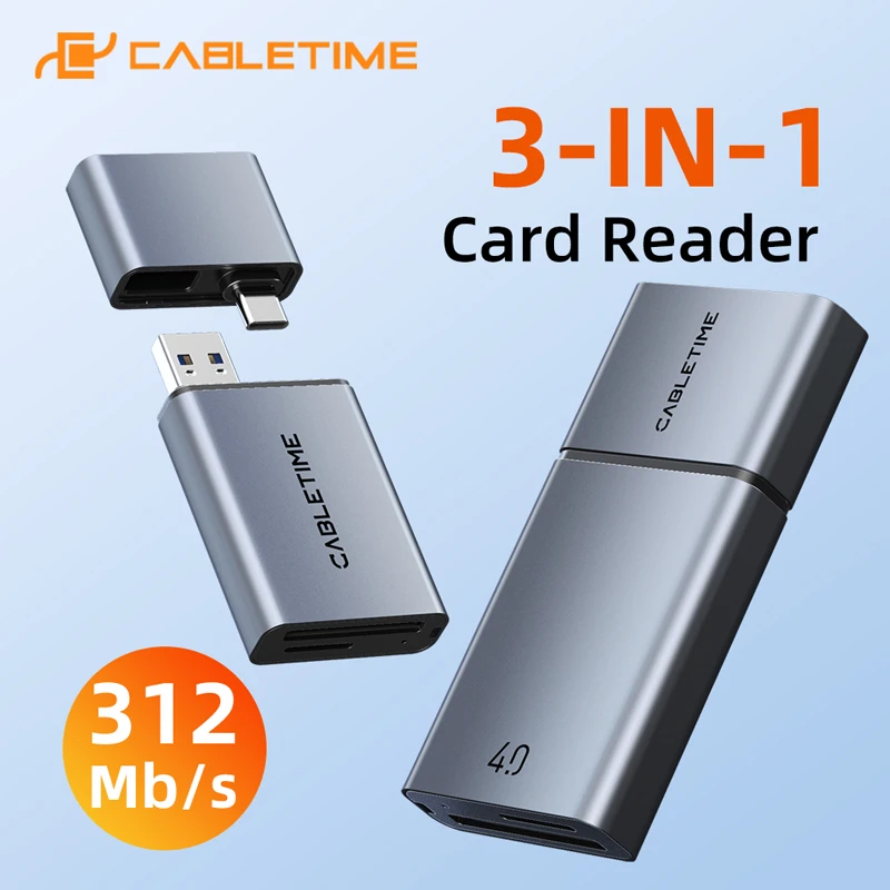 CABLETIME Lettore di schede 3 IN 1 USB 4.0 5 Gbps USB A e USB C 312 MB/s Schede SD/TF in lega di alluminio Portatile per iPhone iPad