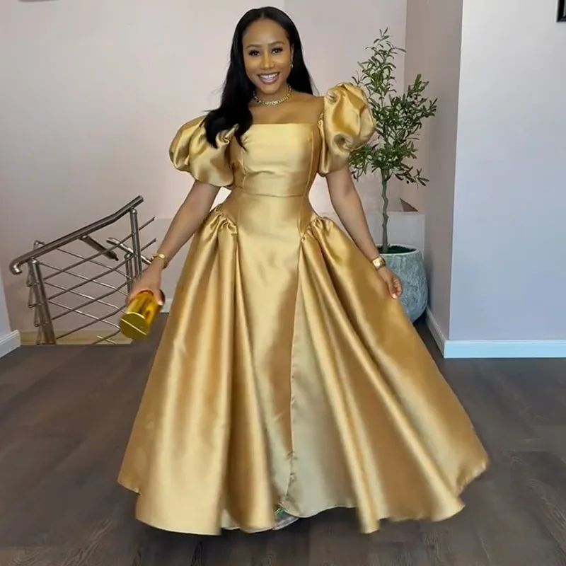 Elegantes Kleid mit Puffärmeln für Damen, quadratischer Kragen, goldfarben, einfarbig, plissiert, A-Linie, Abendparty, Cocktail, lange Kleider