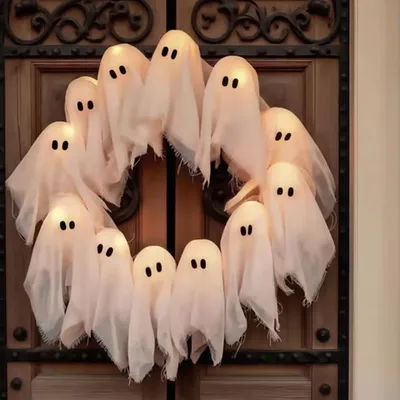 Ghost Wreath With 12 LED Lights Light-up Ghost Wreath For Halloween Indoor Outdoor Wall Decor Spooky Front Door Hanging Decor