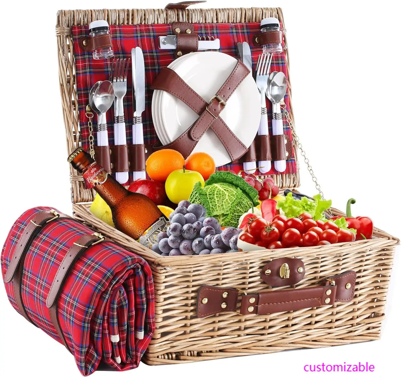 Wicker Picnic Basket for 4 with Waterproof Picnic Blanket and Insulated Cooler, Willow Hamper for Camping, Outdoors, Photoshoot