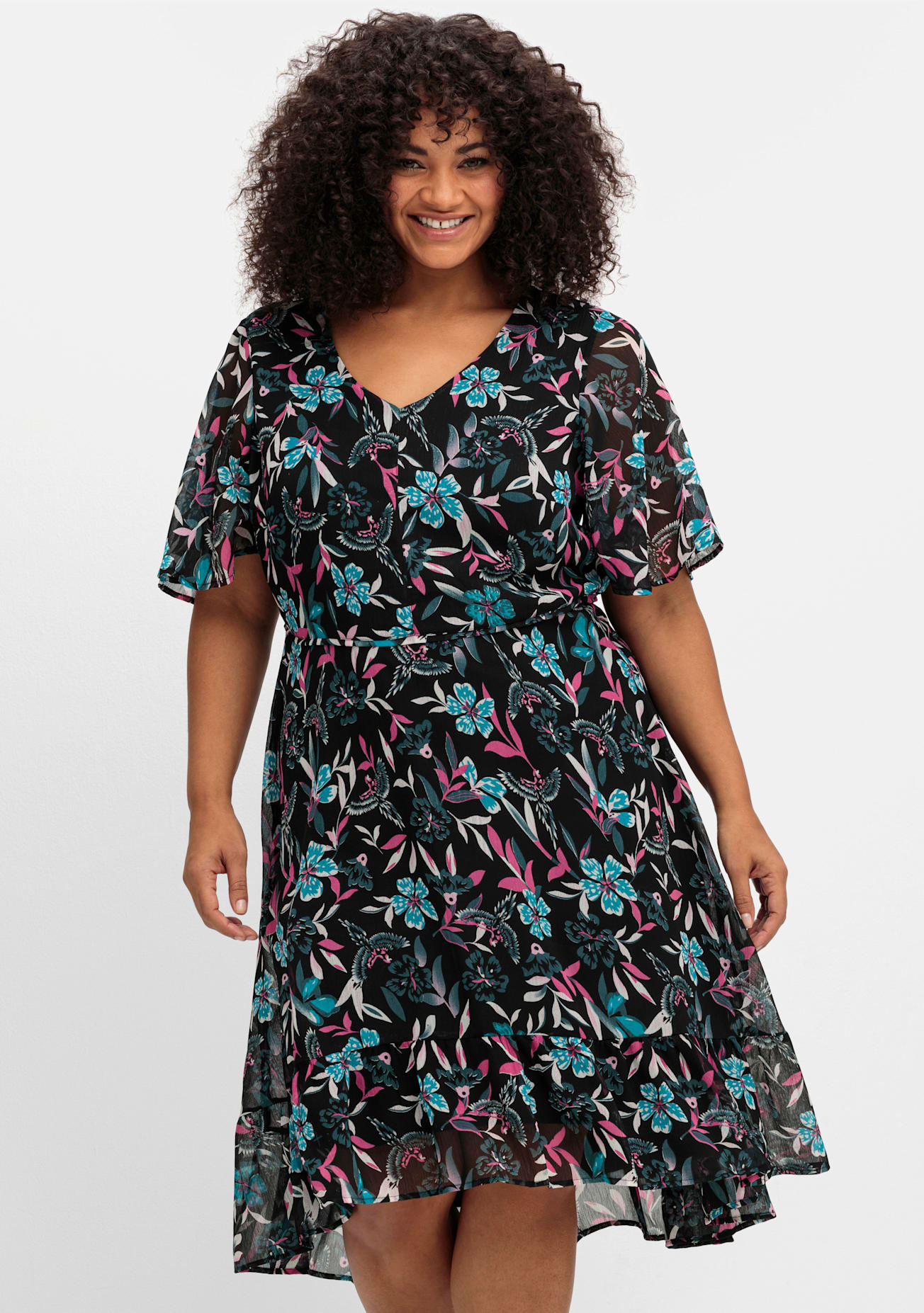 Chiffonkleid SHEEGO BY JOE BROWNS "Chiffonkleid", Damen, Gr. 46, Normalgrößen, dunkelpetrol, gemustert, 100% Polyester, geblümt, gemustert, wadenlang, V-Ausschnitt, Kleider Chiffonkleid