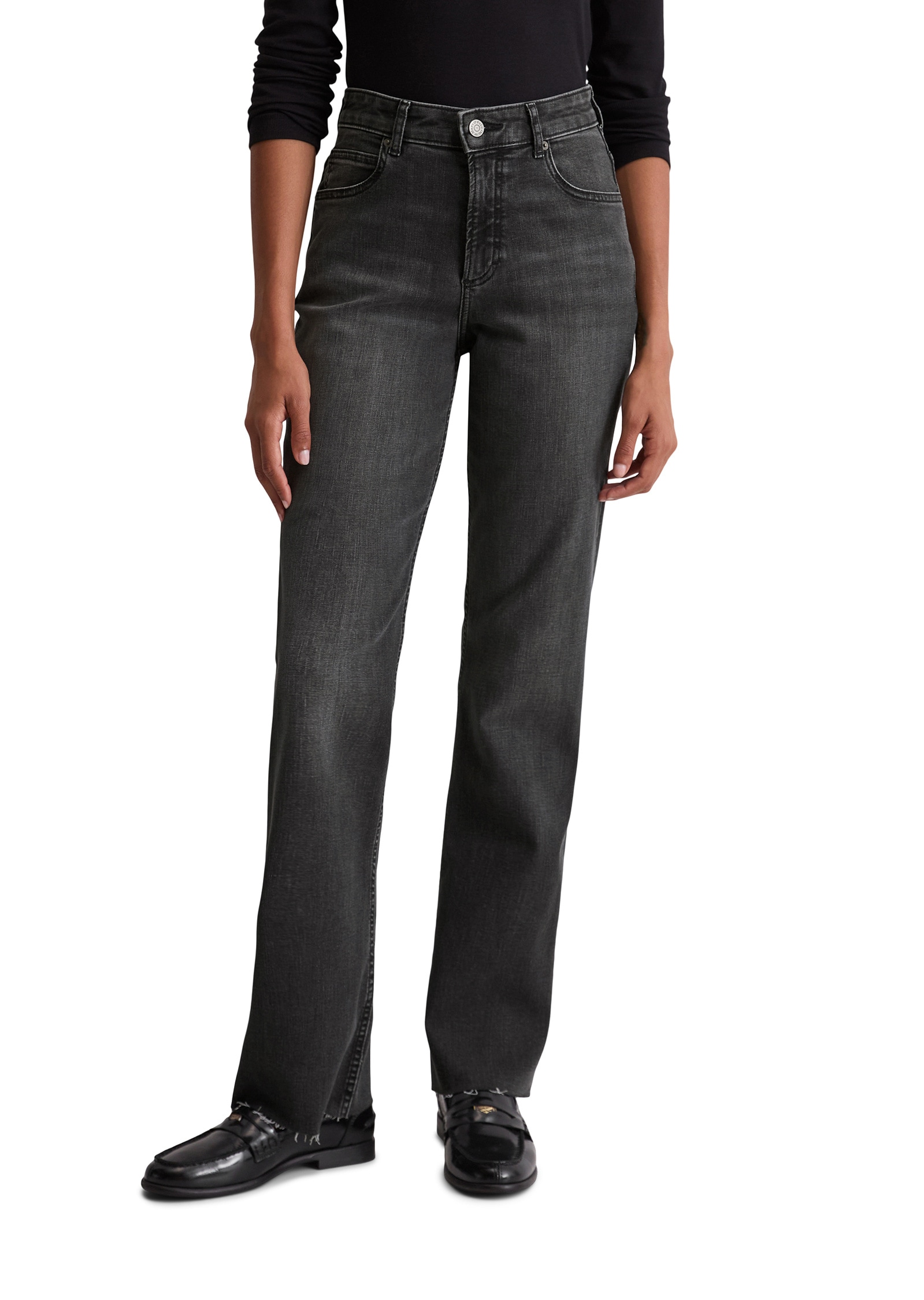 Schlagjeans MARC O'POLO "aus Organic-Cotton-Mix-Stretch", Damen, Gr. 33, Länge 34, grau (schwarz), Obermaterial: 86% Baumwolle, 12% Polyester, 2% Elasthan, unifarben, ausgestellt lang, Jeans