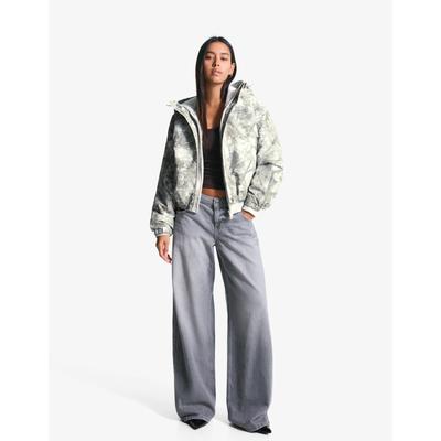 Bershka Hooded Puffer Jacket With Print Women L Grey