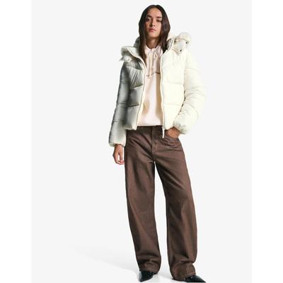 Bershka Water-Repellent Puffer Jacket With Faux Fur Hood Women Xs Sand