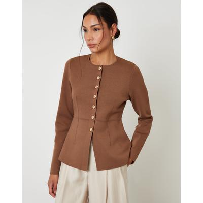 Brown Cinched Knitted Button Up Cardigan