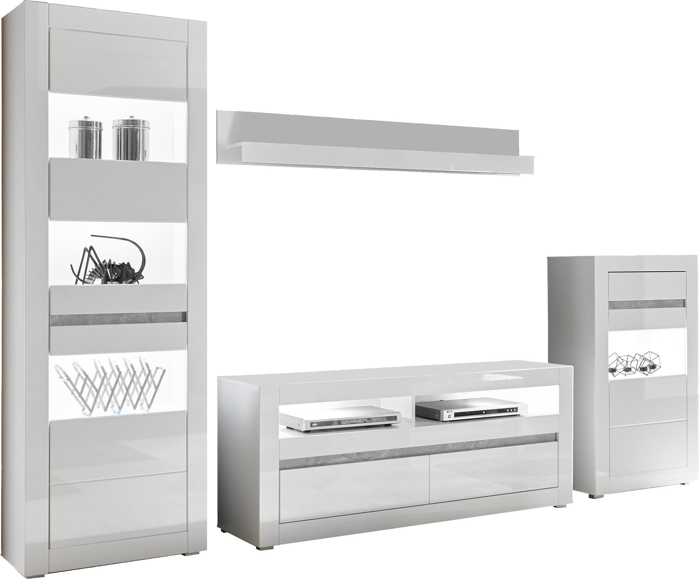 Wohnwand INOSIGN "Carat", weiß (weiß, weiß hochglanz), B:302cm, Kastenmöbel-Sets, wird jeweils mit zwei Leisten angeliefert, 1 x grau, 1 x weiss