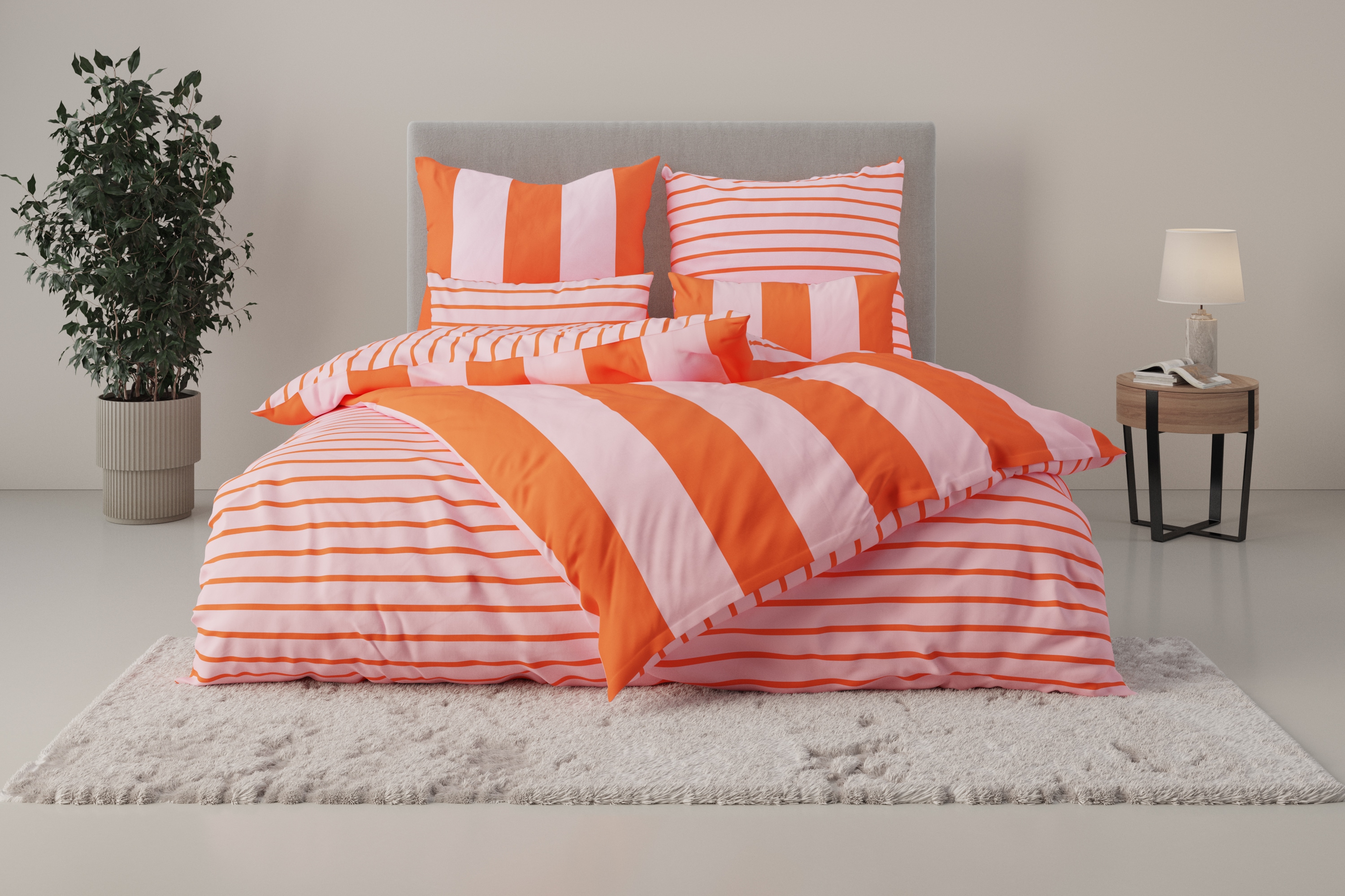 Bettwäsche OTTO HOME "Sari Trend", orange (orange, pink), B/L: 200cm x 200cm, 1 Stk., 2 Stk., Linon, B/L: 80cm x 80cm, 3 Stk., Linon, Obermaterial: 100% Baumwolle, Bettwäsche, moderne Bettwäsche mit Streifen, frische Farben, ab Größe 135x200 cm Image